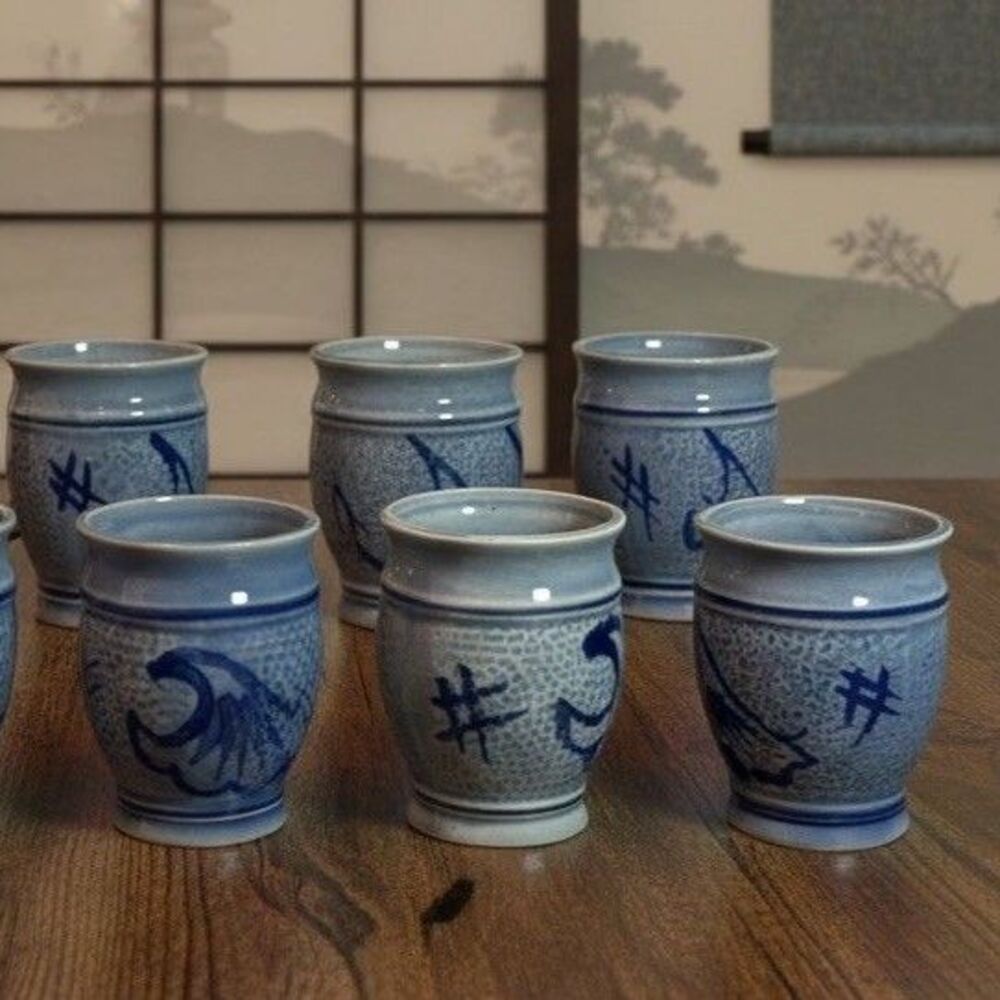 Stoneware Cups Blue Salt Glaze Swirl Tumblers Barware No Markings Wine 3.5" (6)